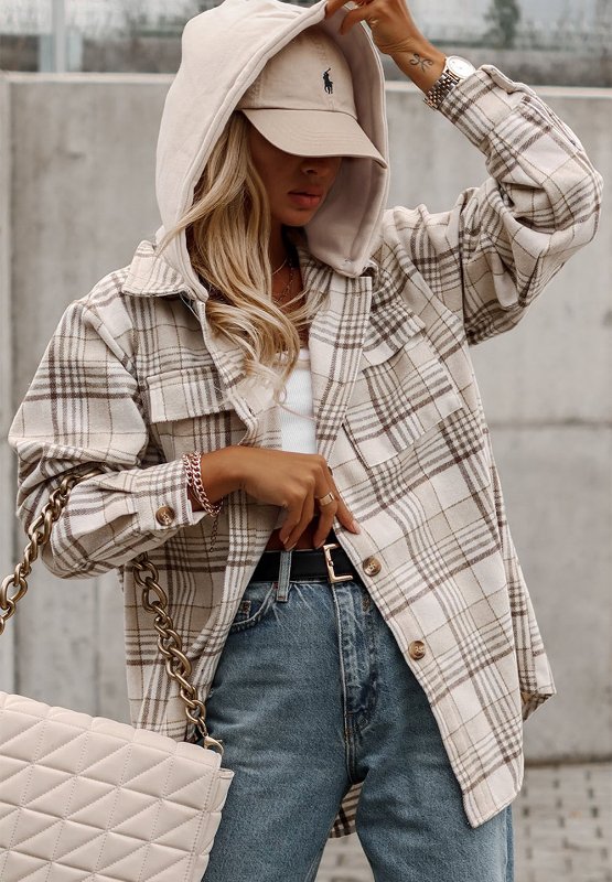 Plaid Removable Hood Button Up Shacket - S. M. & Co.