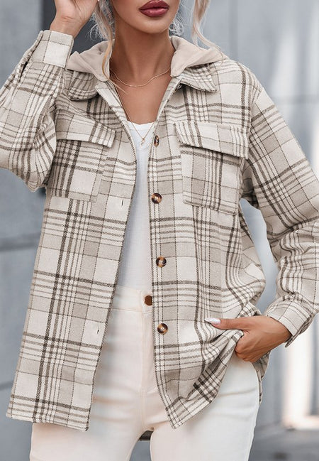 Plaid Removable Hood Button Up Shacket - S. M. & Co.