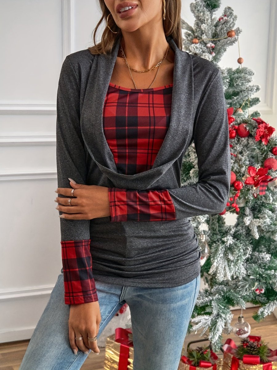 Plaid Ruched Long Sleeve T-Shirt - S. M. & Co.