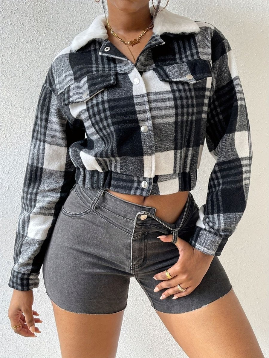 Plaid Snap Down Collared Neck Cropped Jacket - S. M. & Co.