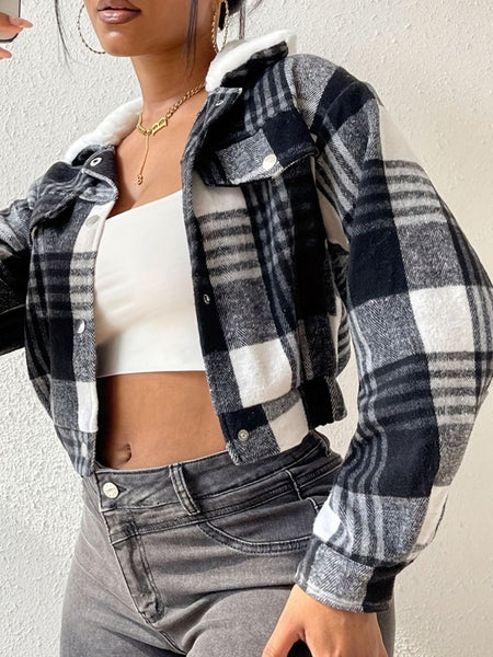 Plaid Snap Down Collared Neck Cropped Jacket - S. M. & Co.