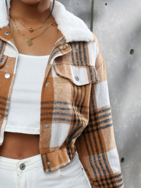 Plaid Snap Down Collared Neck Cropped Jacket - S. M. & Co.