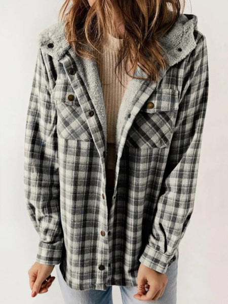 Plaid Snap Down Plush Hooded Jacket - S. M. & Co.