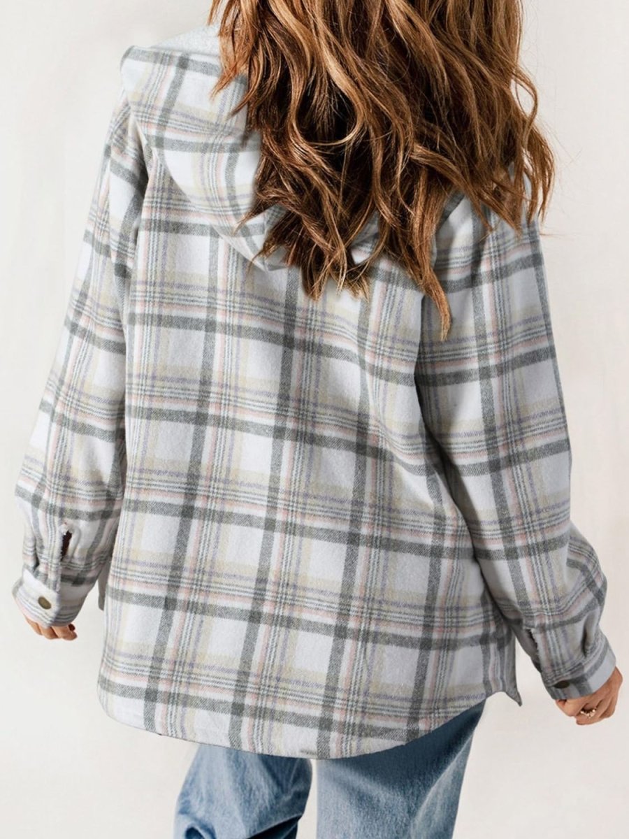 Plaid Snap Down Plush Hooded Jacket - S. M. & Co.