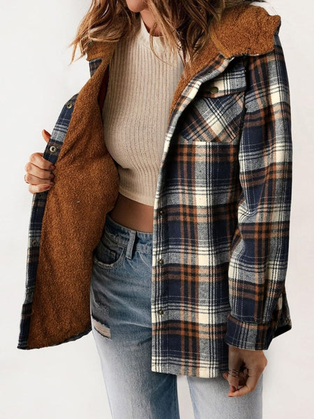 Plaid Snap Down Plush Hooded Jacket - S. M. & Co.