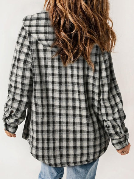 Plaid Snap Down Plush Hooded Jacket - S. M. & Co.