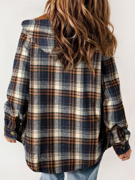 Plaid Snap Down Plush Hooded Jacket - S. M. & Co.