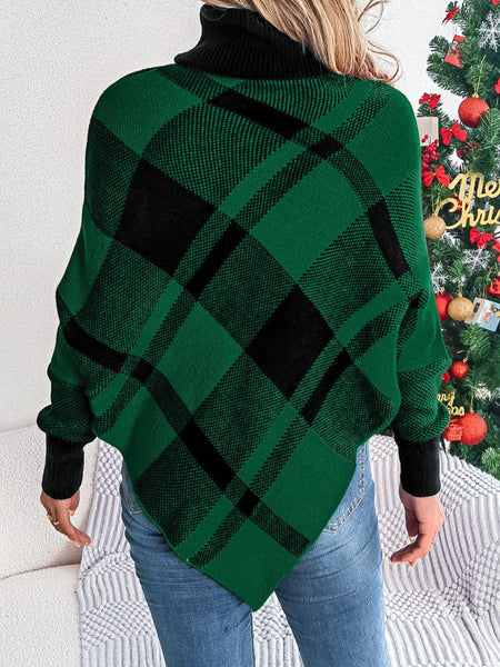 Plaid Turtleneck Batwing Sleeve Sweater - S. M. & Co.