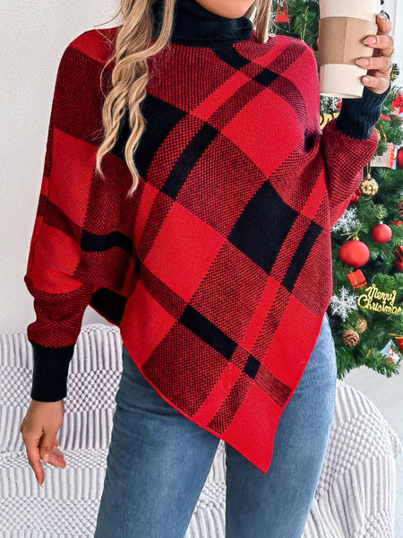 Plaid Turtleneck Batwing Sleeve Sweater - S. M. & Co.