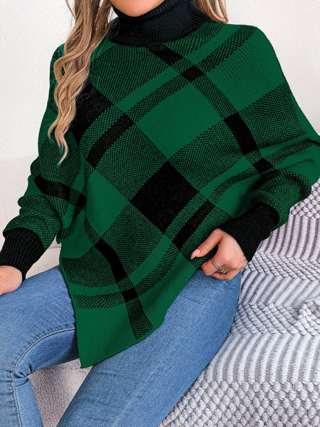 Plaid Turtleneck Batwing Sleeve Sweater - S. M. & Co.