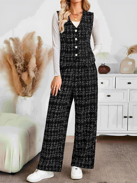 Plaid V - Neck Button Up Vest and Pants Set - S. M. & Co.