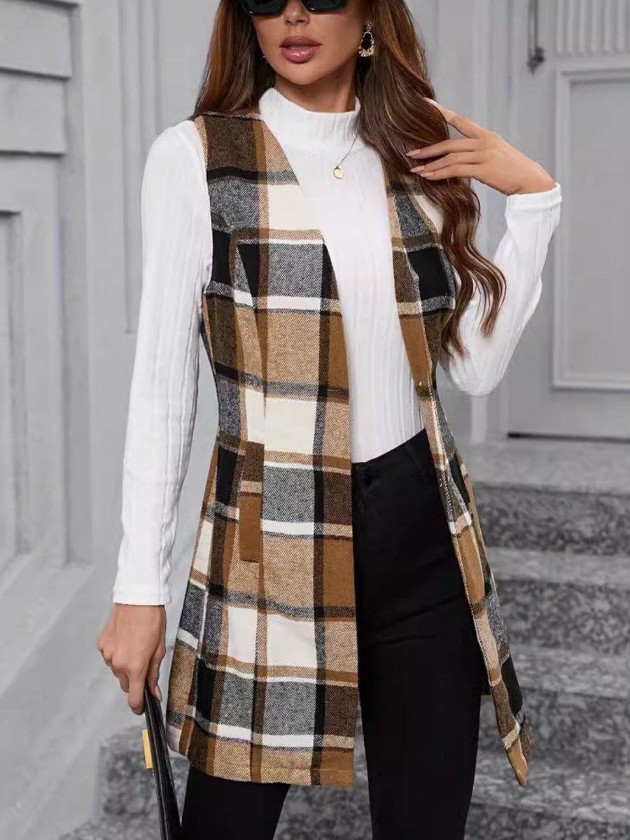 Plaid V - Neck Vest Coat - S. M. & Co.