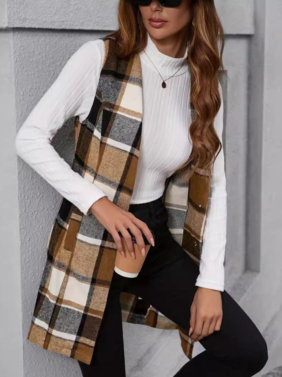 Plaid V - Neck Vest Coat - S. M. & Co.