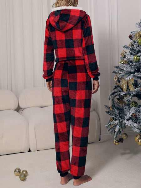 Plaid Zip Front Long Sleeve Hooded Lounge Jumpsuit - S. M. & Co.