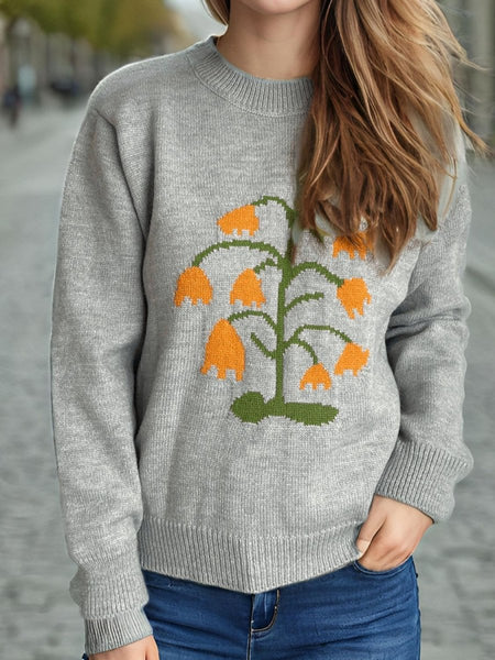 Plant Round Neck Long Sleeve Sweater - S. M. & Co.