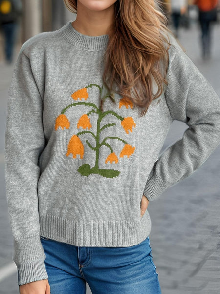 Plant Round Neck Long Sleeve Sweater - S. M. & Co.