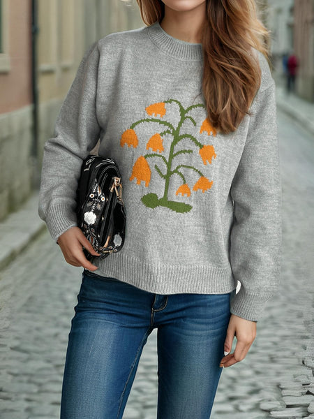 Plant Round Neck Long Sleeve Sweater - S. M. & Co.