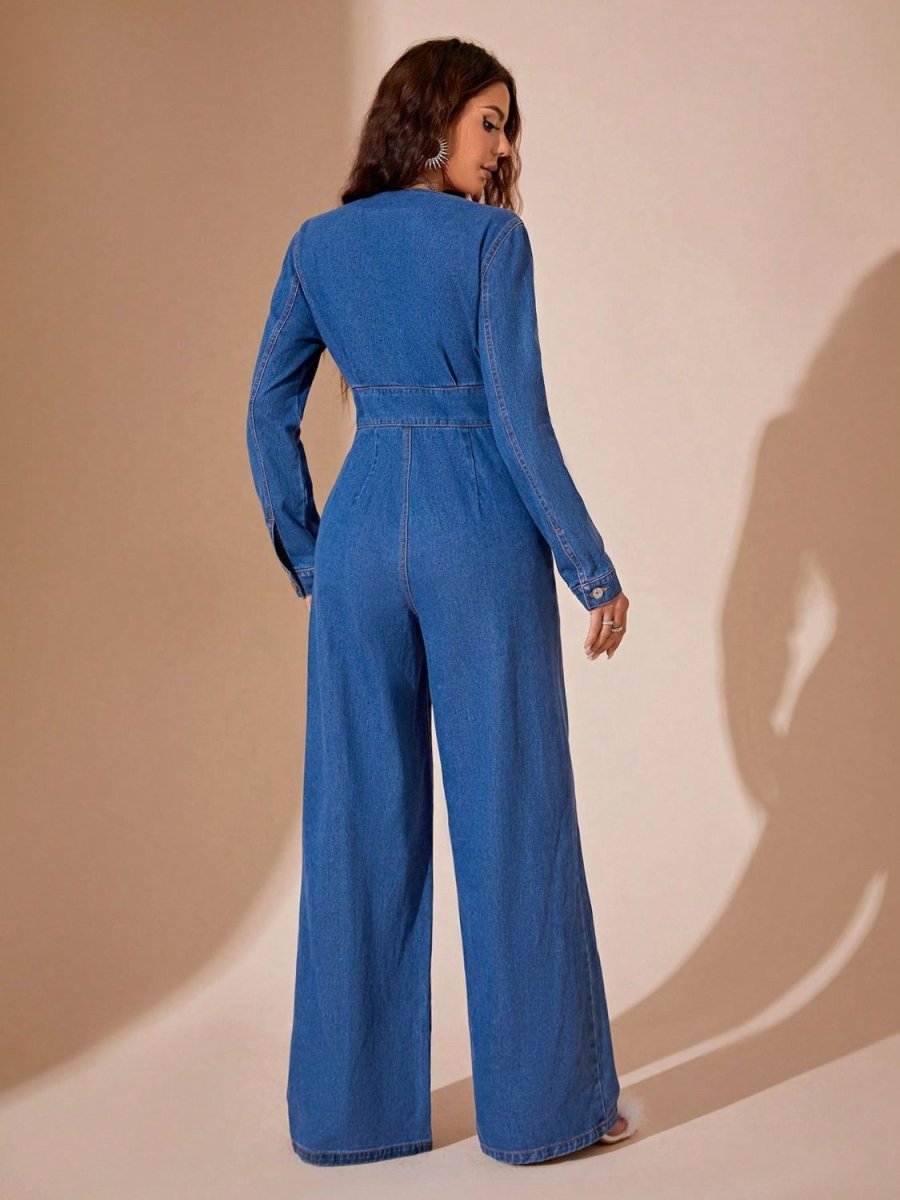 Plunge Long Sleeve Wide Leg Denim Jumpsuit - S. M. & Co.