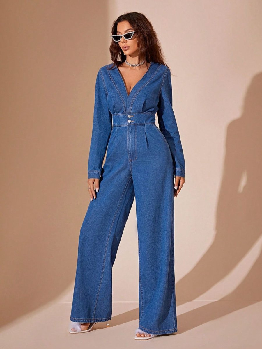 Plunge Long Sleeve Wide Leg Denim Jumpsuit - S. M. & Co.