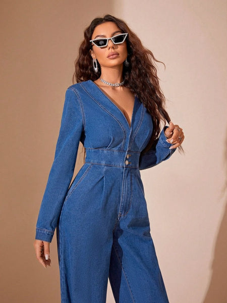 Plunge Long Sleeve Wide Leg Denim Jumpsuit - S. M. & Co.