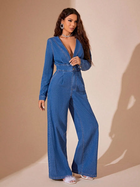 Plunge Long Sleeve Wide Leg Denim Jumpsuit - S. M. & Co.