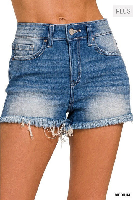 Plus Mid Rise Raw Frayed Hem Denim Shorts - S. M. & Co.