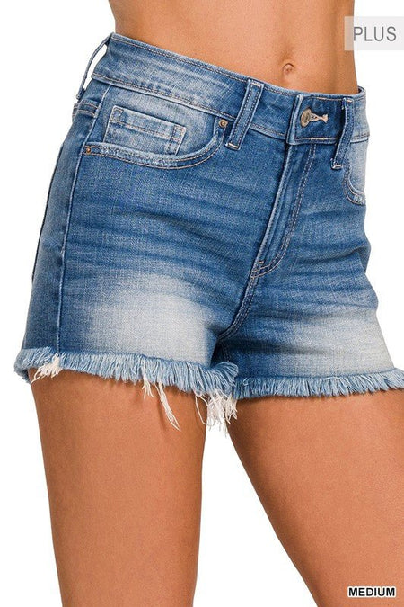 Plus Mid Rise Raw Frayed Hem Denim Shorts - S. M. & Co.