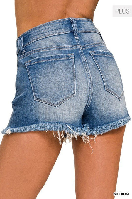 Plus Mid Rise Raw Frayed Hem Denim Shorts - S. M. & Co.