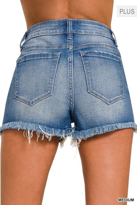 Plus Mid Rise Raw Frayed Hem Denim Shorts - S. M. & Co.