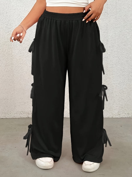 Plus Size Bow Elastic Waist Wide Leg Pants - S. M. & Co.