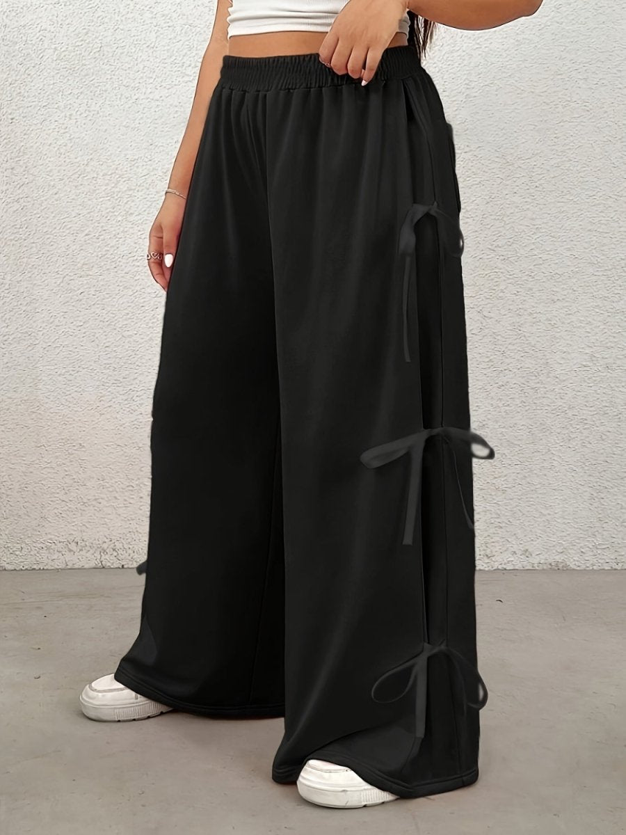 Plus Size Bow Elastic Waist Wide Leg Pants - S. M. & Co.