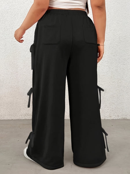 Plus Size Bow Elastic Waist Wide Leg Pants - S. M. & Co.