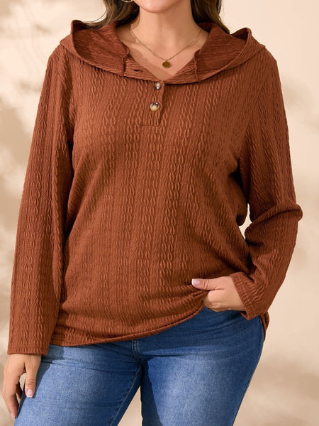 Plus Size Button Detail Long Sleeve Hoodie - S. M. & Co.