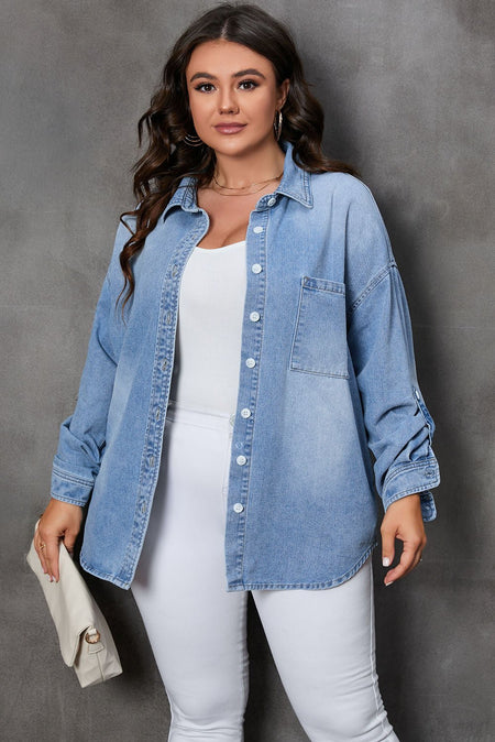 Plus Size Button Up Pocketed Denim Top - S. M. & Co.