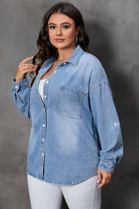 Plus Size Button Up Pocketed Denim Top - S. M. & Co.