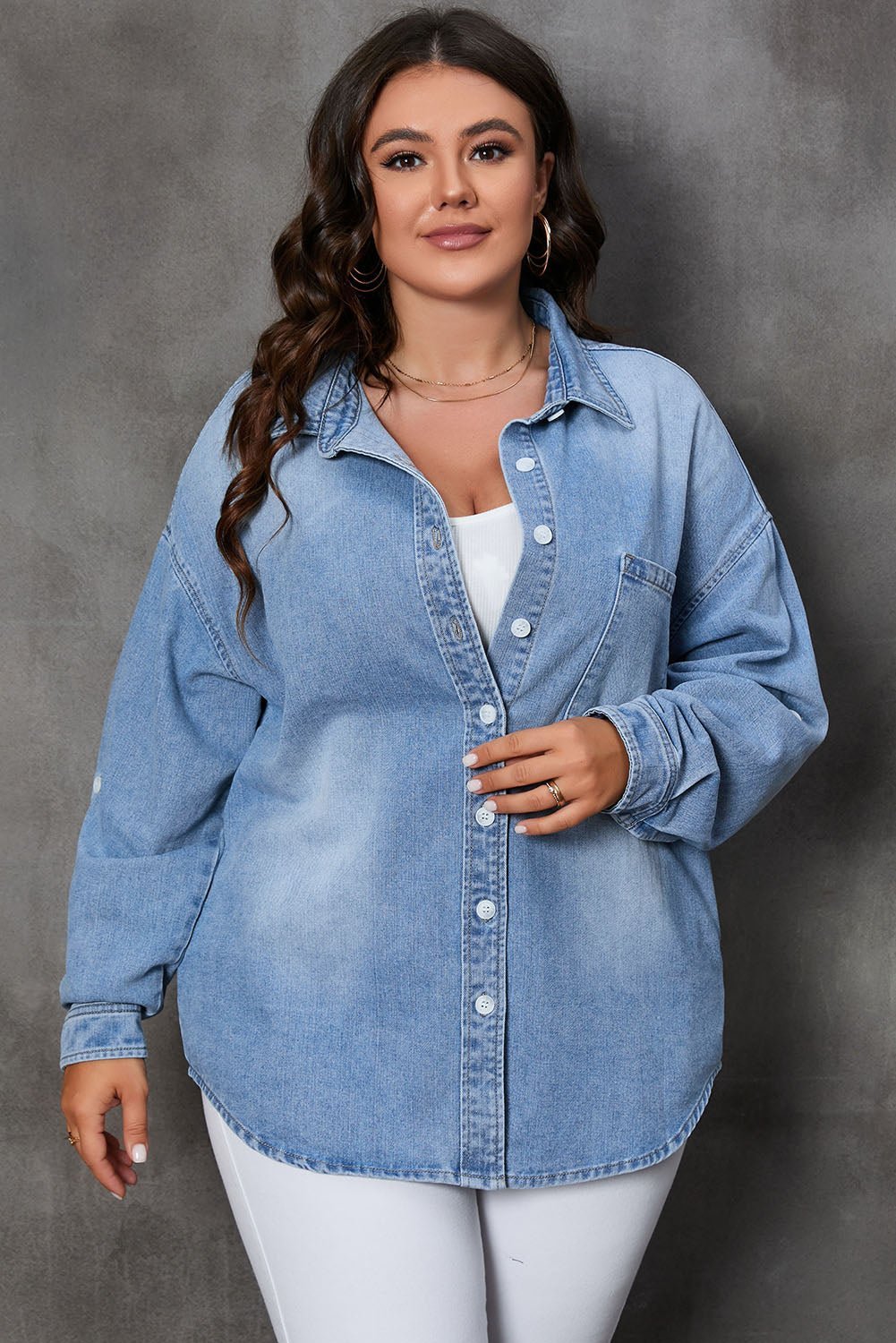 Plus Size Button Up Pocketed Denim Top - S. M. & Co.