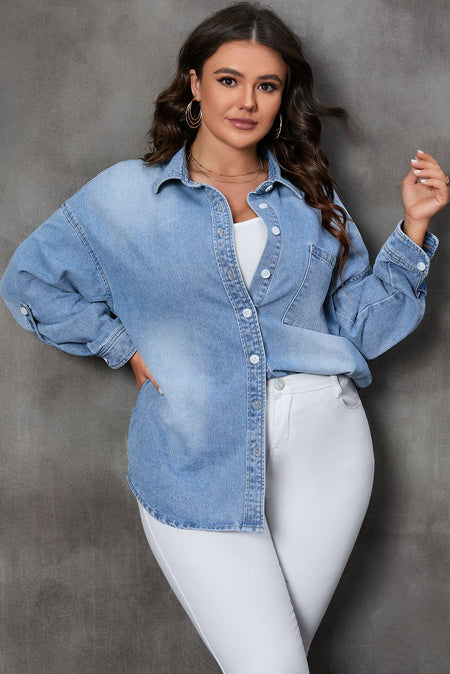 Plus Size Button Up Pocketed Denim Top - S. M. & Co.