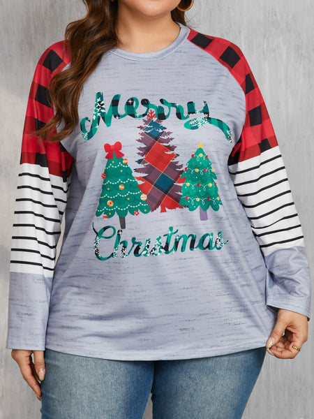 Plus Size Christmas Tree Plaid Round Neck Long Sleeve T-Shirt - S. M. & Co.