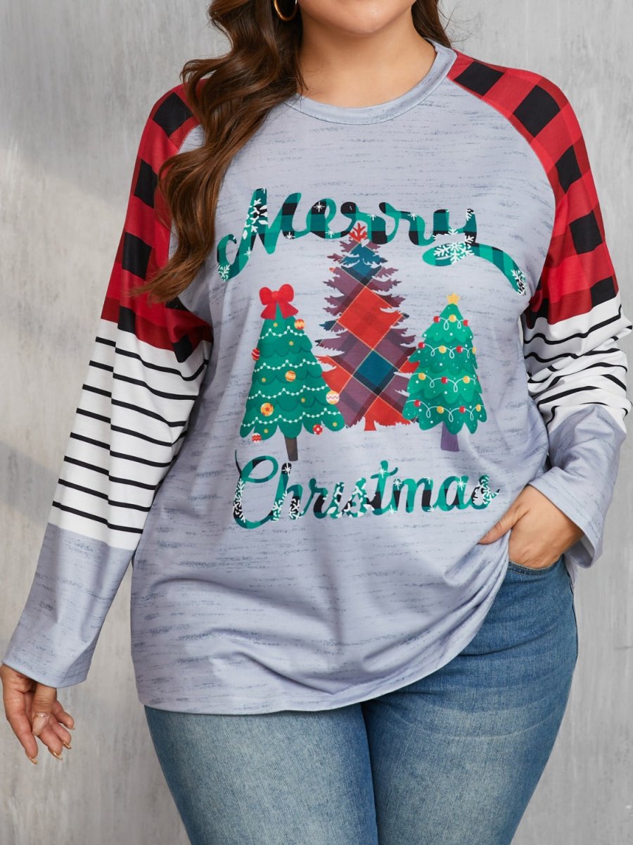 Plus Size Christmas Tree Plaid Round Neck Long Sleeve T-Shirt - S. M. & Co.