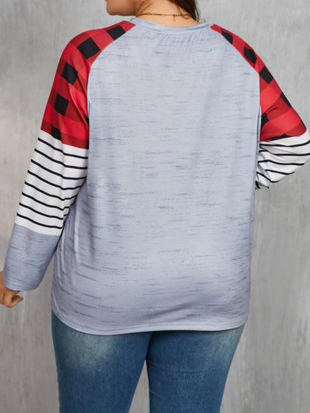 Plus Size Christmas Tree Plaid Round Neck Long Sleeve T-Shirt - S. M. & Co.