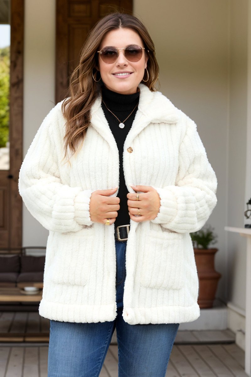 Plus Size Collared Neck Button Down Fuzzy Outerwear - S. M. & Co.