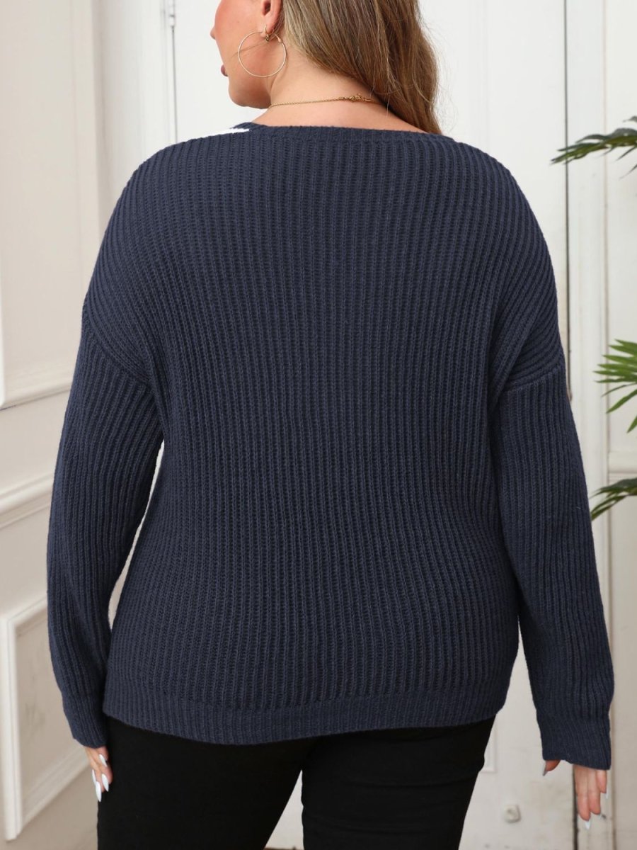 Plus Size Contrast Dropped Shoulder Long Sleeve Sweater - S. M. & Co.