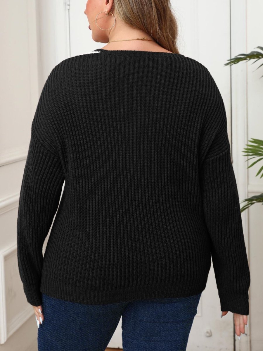 Plus Size Contrast Dropped Shoulder Long Sleeve Sweater - S. M. & Co.