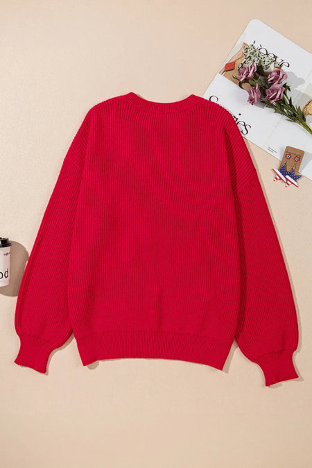 Plus Size Contrast Letter Round Neck Long Sleeve Sweater - S. M. & Co.