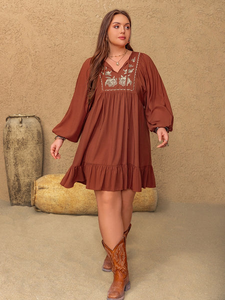 Plus Size Embroidered Tie Neck Balloon Sleeve Mini Dress - S. M. & Co.