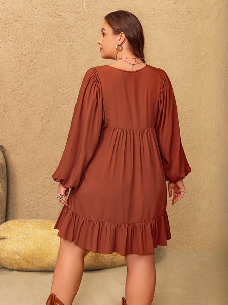 Plus Size Embroidered Tie Neck Balloon Sleeve Mini Dress - S. M. & Co.