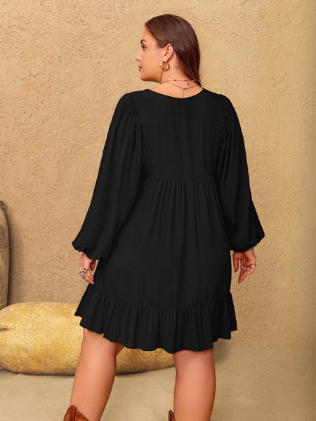 Plus Size Embroidered Tie Neck Long Sleeve Mini Dress - S. M. & Co.