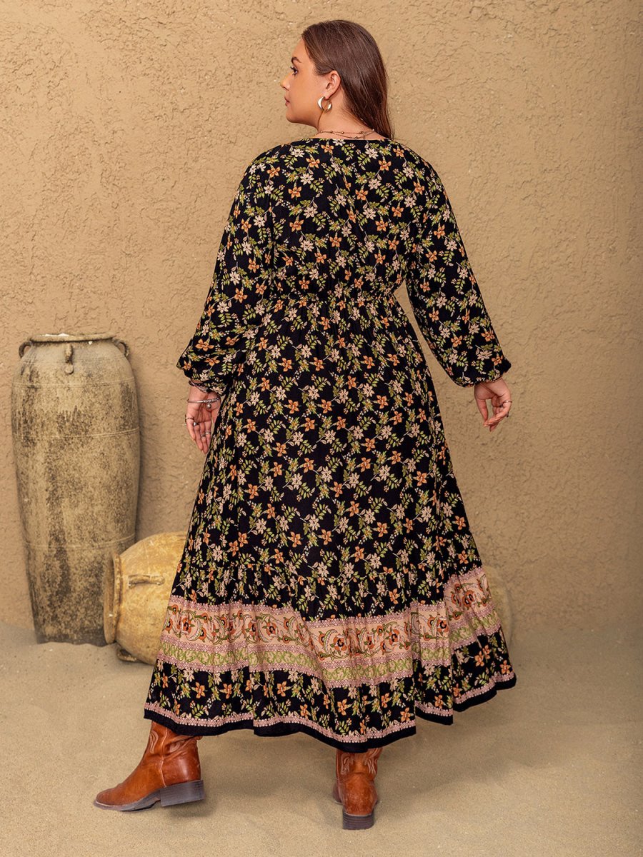 Plus Size Floral V - Neck Balloon Sleeve Dress - S. M. & Co.