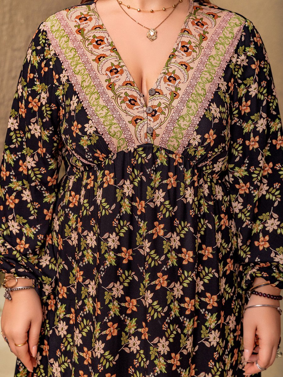 Plus Size Floral V - Neck Balloon Sleeve Dress - S. M. & Co.