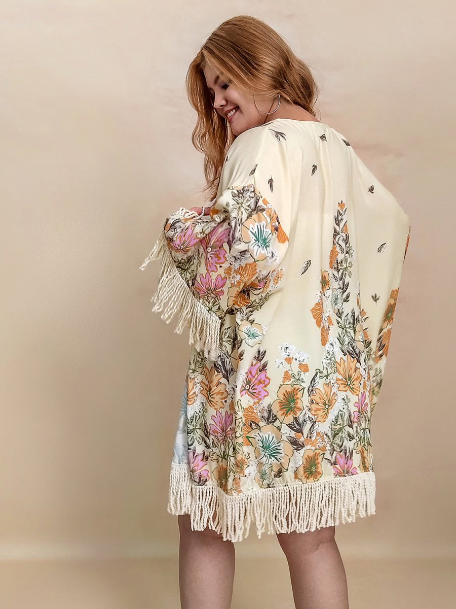 Plus Size Fringe Printed Open Front Cardigan - S. M. & Co.